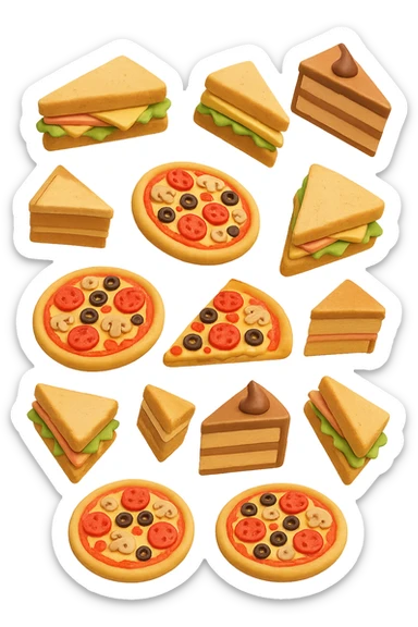 pizzette, fette di torta e panini, fluttuano in aria in 3d, sfondo bianco sticker