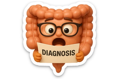 EMOJI STILE IPHONE DI UN INTESTINO CON GLI OCCHIALI CHE LEGGE UN FOGLIO CON LA SCRITTA DIAGNOSI, ESPRESSIONE STUPITA IN VOLTO, IPERREALISTICO 4K sticker