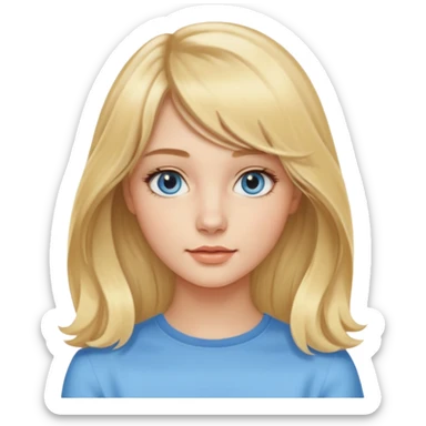 jeune femme de 20 ans, blonde avec une raie au milieu et une frange rideau encadrant le visage. Cheveux longs, lisses sur le haut et légèrement ondulés avec de belles boucles souples sur les pointes. Yeux bleus clairs lumineux, regard doux et naturel. Teint frais et peau lumineuse. sticker