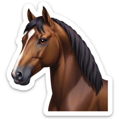 Cinematic Noble Bay Horse Portrait Emoji, Poised and regal, with a strong, athletic build and a rich, well-groomed bay fur accented by a dark mane and tail, deep-set soulful amber eyes, Simplified yet sharp and sophisticated features, highly detailed, glowing with a warm, dignified glow, high shine, intelligent and majestic, stylized with an air of equine elegance, focused and attentive, soft glowing outline, capturing the essence of a watchful and confident steed, so majestic it feels as though it could gallop out of the screen with effortless authority! sticker