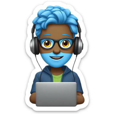 Androgynous character with blue skin, wearing glasses, holding a laptop, wearing headphones, and smiling sticker