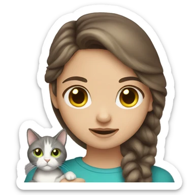 Brown hair girl with blue eyes holding a gray cat with yellow green eyes sticker