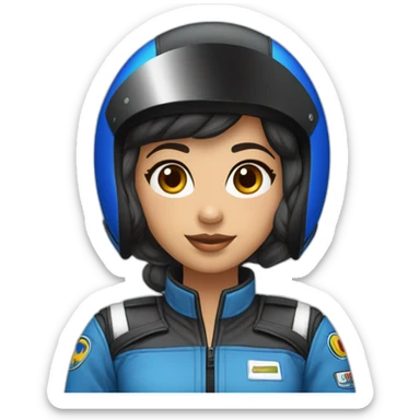 Piloto mulher de kart morena com macacão da cor preto com detalhe azul escuro e capacete cor branca com detalhe azul escuro sticker