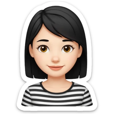 Black-haired girl, short to the neck, wearing white shirt with black stripes, happy sticker