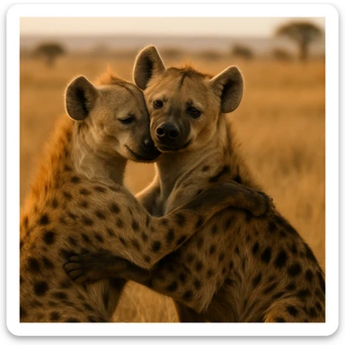 two hyenas hugging in a savanna, photorealistic, no cyberpunk sticker