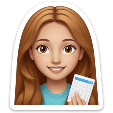 Girl with pretty long light brown hair in a middle part and light brown eyes smiling with a few freckles and beauty mark by her check and by her eye on the other side and very long eyelashes and big wide ish eyes  sticker