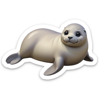 cinematic-seal-realistic-full-body-lounging-emoji,-plump-sleek-body-stretched-out-on-a-rocky-shoreline,-short-smooth-fur-glinting-in-the-sea-breeze,-flippers-tucked-comfortably-beneath-its-body,-large-dark-eyes-filled-with-playful-curiosity,-whiskered-muzzle-lifted-slightly-as-if-smiling,-simplified-yet-realistic-focused-features,-highly-detailed,-glowing-with-a-refreshing-marine-radiance sticker