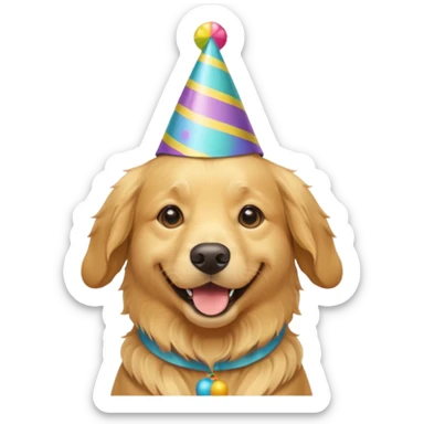 Golden retriever wearing a party hat sticker