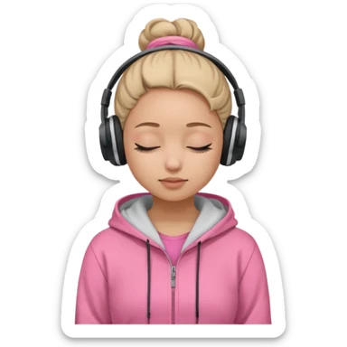 girl wearing headphones with a bun, light-light skin, pink hoodie and closed eyes. no makeup  sticker