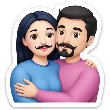 Tall white man with brown mustache goatee wearing blue hugging a chubby short pale woman with long black hair wearing pink sticker