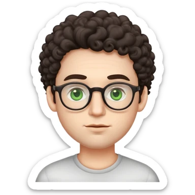 young male emoji with wide face, fuller lips, very poofy voluminous dark slightly curly hair, big ears, pale skin, glasses, green eyes set wider apart, very light stubble sticker