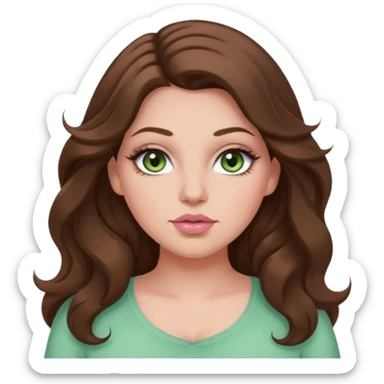 Girl girl long wavy brown hair, pale green eyes, plus size, thick eyelashes, tan skin, pale pink lips sticker
