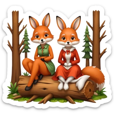 two forest women dressed as fox and rabbit sitting together on log sticker
