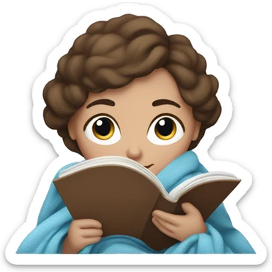 woman with brown hair and blue eyes in blanket reading a book sticker