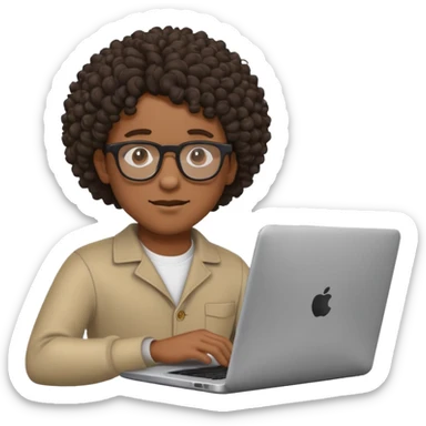 Black man with curly hair and glasses focused on a laptop, emoji style sticker