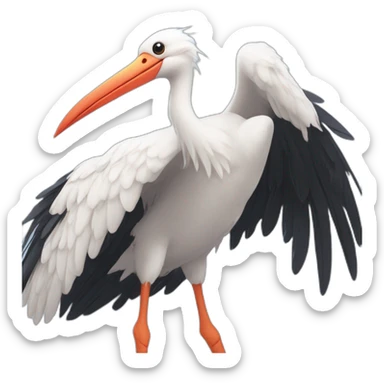  white stork with long legs, a long beak, and black wingtips, flying in the sky and carrying a blue bundle of cloth in its beak that has a cute baby face peeking out from it sticker