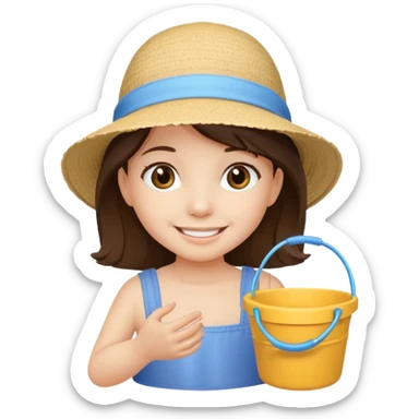 brunet kid girl with toy sand bucket wear sun hat sticker