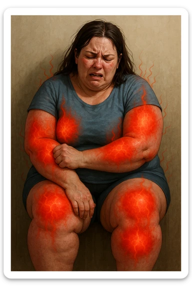 "Woman with lipedema experiencing constant burning and aching pain in disproportionately swollen legs and arms, pain radiating through enlarged fat deposits shown as red heat signatures, expression of chronic suffering and exhaustion, normal daily activities becoming torture due to inflammatory adipose tissue, pain levels fluctuating unpredictably throughout the day" scritte in italiano sticker