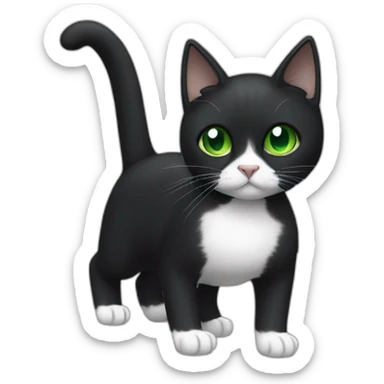 A black cat with green eyes with a white mustache, a white stripe on its nose, a full-length white breast and white paws sticker