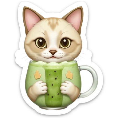 Happy Siamese Cat holding in its paws an iced matcha latte sticker