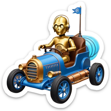  tarnished blue neon underglow C-3PO ghost buster 1964 delicately ornate rosegold wood barrel accents Model-T bucket powered by electric motors and batteries with racing safety belts while flying rapidly roughening terrain stable on strong agile advanced suspension and steering sticker