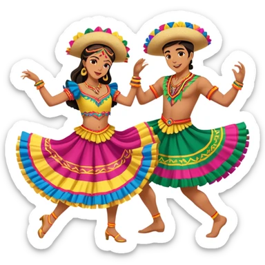 Cinematic Realistic scene of two dancers performing Cumbia, adorned in colorful traditional Colombian costumes with intricate details, captured in rhythmic motion with lively, festive lighting sticker