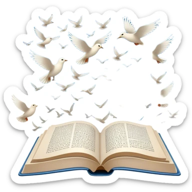 Icon for Poetry Reading: an open book with verses on the pages, from which fly pages transforming into a large flock of small white birds soaring into the blue sky. The icon should evoke the freedom and beauty of poetry. Transparent background. sticker