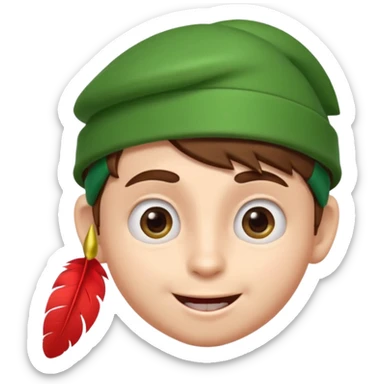 A cute 3D emoji head of a mischievous cartoon boy, fair skin, big expressive eyes, thick eyebrows, smiling with a slightly open mouth, brown hair, wearing a green pointed cap with a red feather, smooth sticker