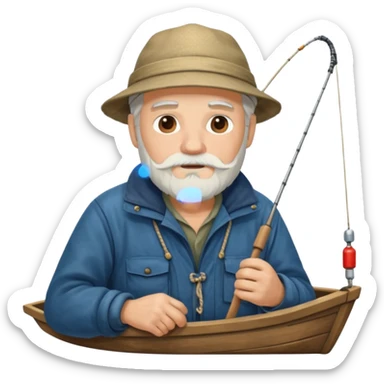 an old white haired, bearded man in fisherman attire, sat in a big boat on the ocean, casting a fishing line into the water sticker