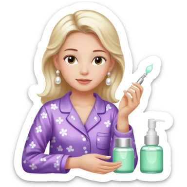Clean girl aesthetic emoticons, apply skincare products, pearl earrings, glowing skin, pajamas, soft lighting sticker