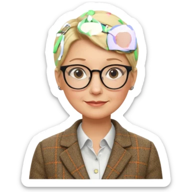 older teacher with blonde bun and glasses sticker