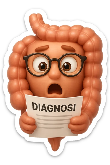 EMOJI STILE IPHONE DI UN INTESTINO CON GLI OCCHIALI CHE LEGGE UN FOGLIO CON LA SCRITTA DIAGNOSI, ESPRESSIONE STUPITA IN VOLTO, IPERREALISTICO 4K sticker