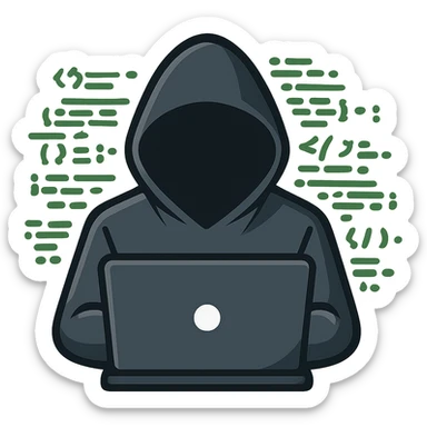 hacker with laptop and code sticker
