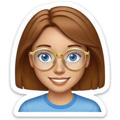 Girl with light skin, brown hair, blue eyes, freckles, and gold glasses smiling sticker