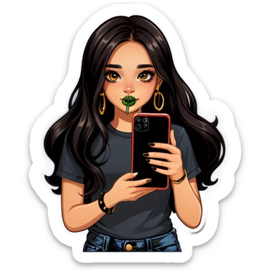 Beautiful young girl with dark choppy long hair flows as she holds her black phone with a gold septum ring that shines  sticker