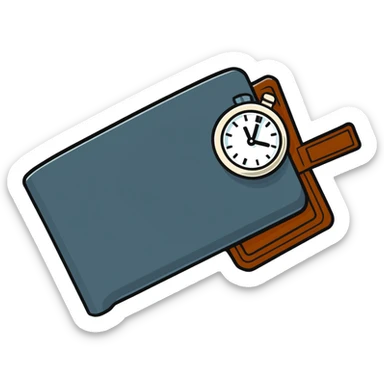 black wallet with a small clock hovering above it sticker