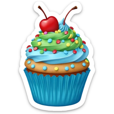 Cartoon Cupcake: blue cream, green paper, sprinkles with cherry on top  sticker