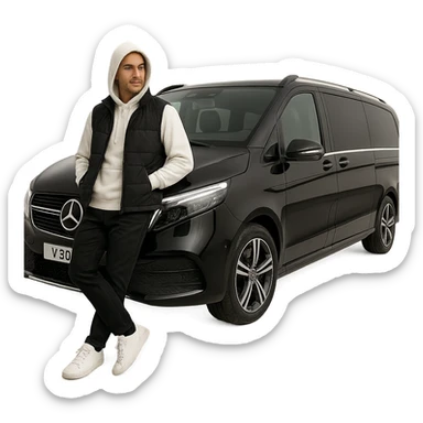 A stylish male character wearing white sneakers, black pants, a clean white hoodie with a black vest (no logos), hood up, standing casually and leaning on a black 2024 Mercedes-Benz V-Class Extra Long 300 d. No background, isolated subject, clean studio lighting, full-body view, high detail, ultra realistic, no text, transparent or white background. sticker