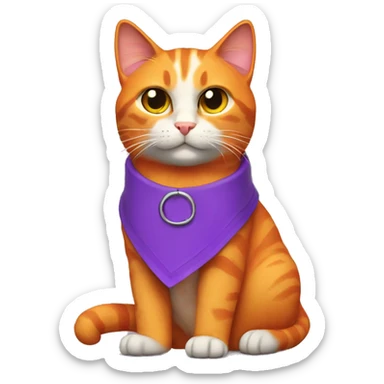An orange hooligan cat with a purple collar sticker