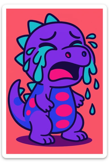 cartoon dinosaur crying, multicolor purple cyan hot pink, tears dripping down, vibrant, cute sticker
