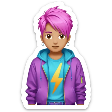portrait of young idol in Kpop style, wearing flashy streetwear outfit, colorful dyed hair sticker
