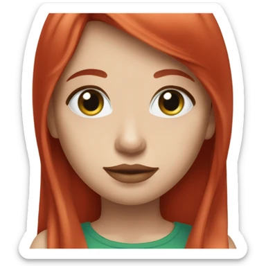 straight long Tomato red hair,red lipstick red, blue-green eyes, white skin and a small nose sticker