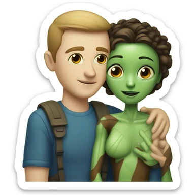 alien woman hugs white man sticker