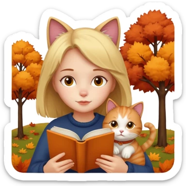 Girl with book and cat autumn vibe cozy sticker
