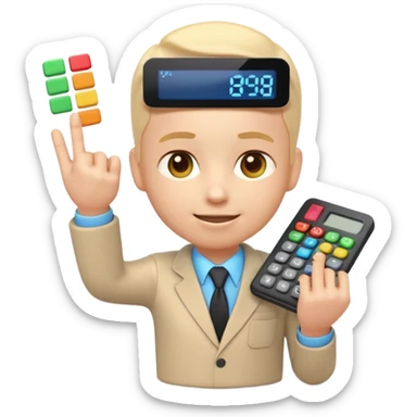 3D iPhone style emoji of a person using a calculator, finger pressing colorful buttons, digital display showing numbers, isolated on white background, soft shadows, high detail, playful and cute. sticker