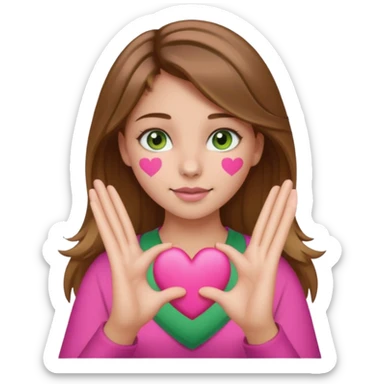 a girl with brown hair with blonde highlights brown and green eyes and a nose piercing and she is putting up the pink pulsing heart emoji with her hands sticker
