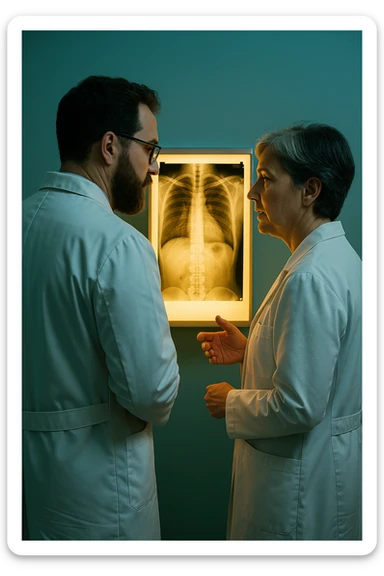 Realistic, detailed photo taken from behind of two doctors—a bearded man and a middle-aged woman—standing and facing each other as they discuss a diagnosis in front of a medical chart. The scene is illuminated by a yellowish, orange, warm light that softly envelops the doctors. The entire room is bathed in a single green-blue color, creating a cohesive and modern atmosphere. Both doctors wear white coats, and their body language suggests a serious, professional conversation. Shot with a Canon EOS R5, with high detail and natural depth of field. sticker
