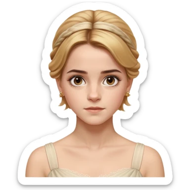 Cinematic Emma Watson Realistic Rococo Portrait, depicted with lifelike skin texture, subtle rosy undertones, and soft natural lighting that enhances the gentle contours of her face. Her intricately detailed golden blonde hair is elegantly styled in an updo, sticker
