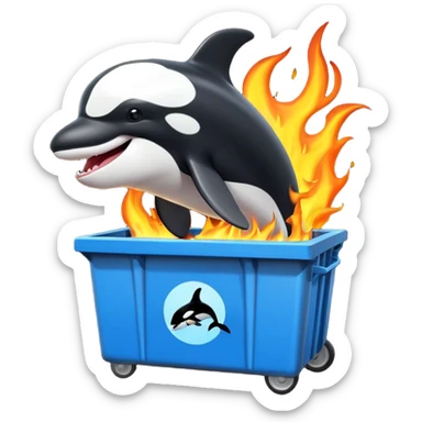 3d Cartoon orca coming out of a dumpster on fire sticker