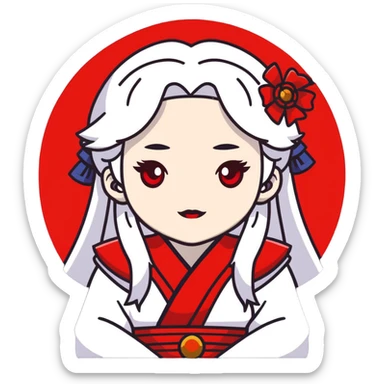 forty year old albino shrine maiden with white hair, red eyes, and pale face sticker